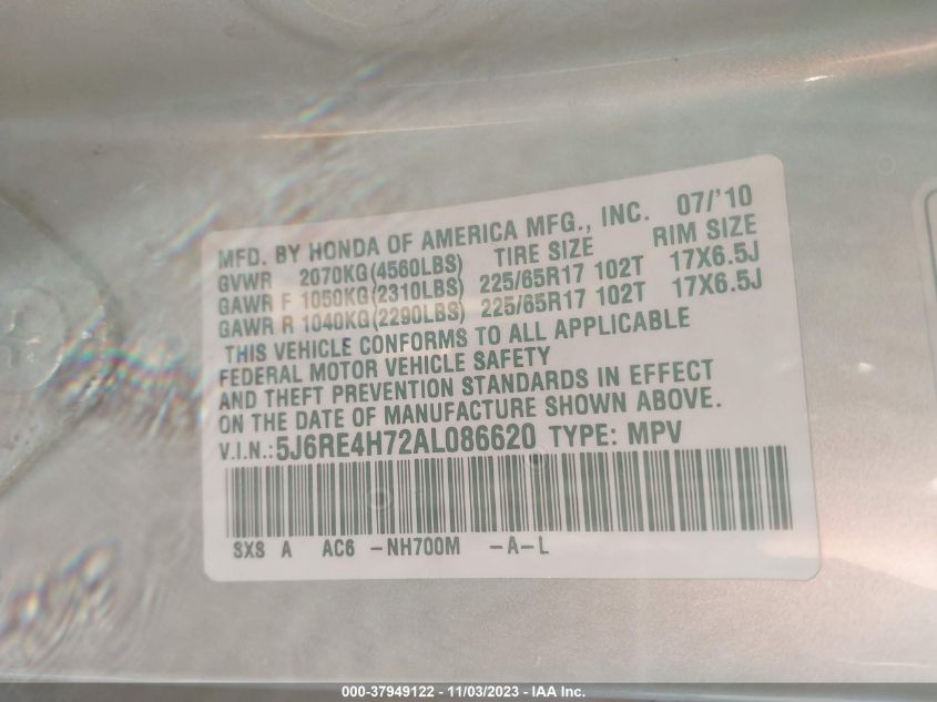 2010 Honda Cr-V Ex-L VIN: 5J6RE4H72AL086620 Lot: 37949122