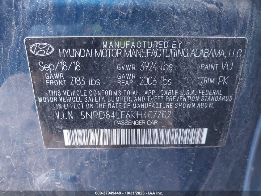 2019 Hyundai Elantra Sel VIN: 5NPD84LF6KH407702 Lot: 37949448