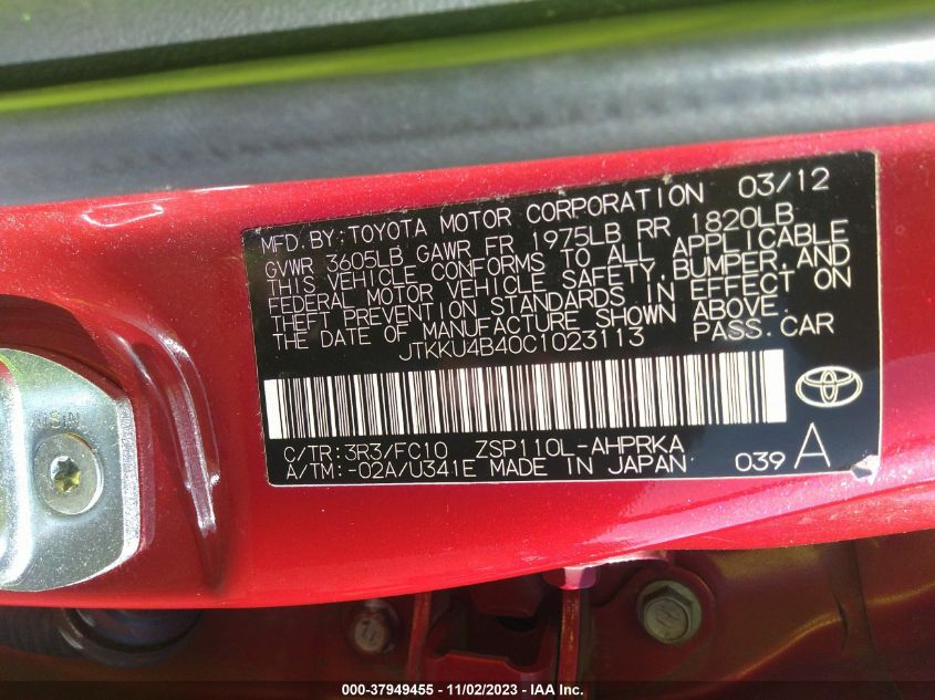 2012 Scion Xd VIN: JTKKU4B40C1023113 Lot: 37949455