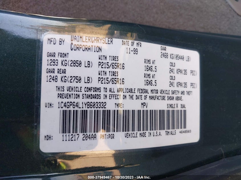 2000 Chrysler Town & Country Limited VIN: 1C4GP64L1YB603332 Lot: 37949467