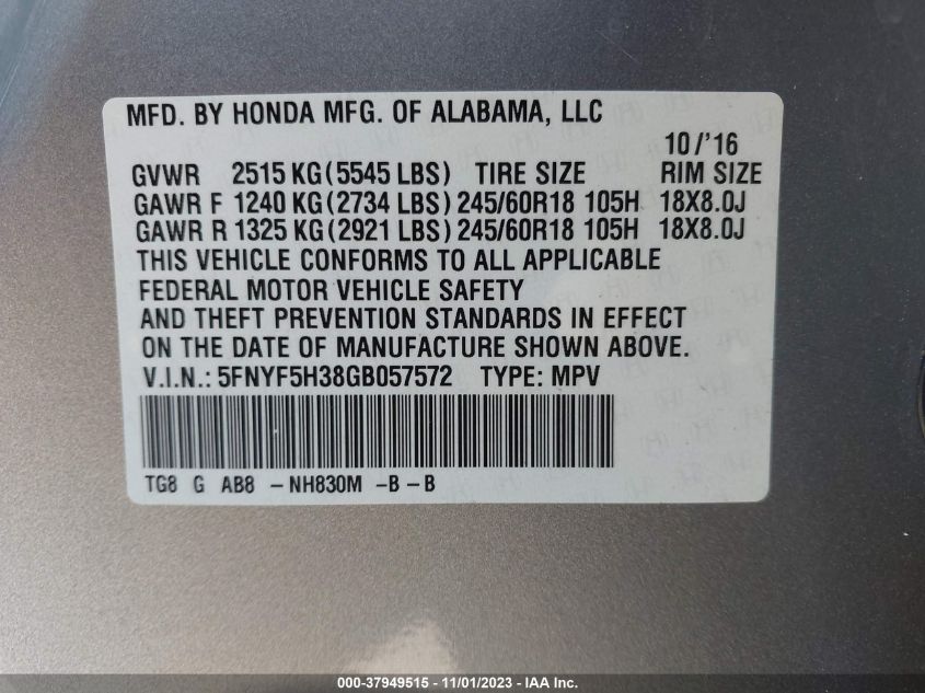 2016 Honda Pilot Ex VIN: 5FNYF5H38GB057572 Lot: 37949515