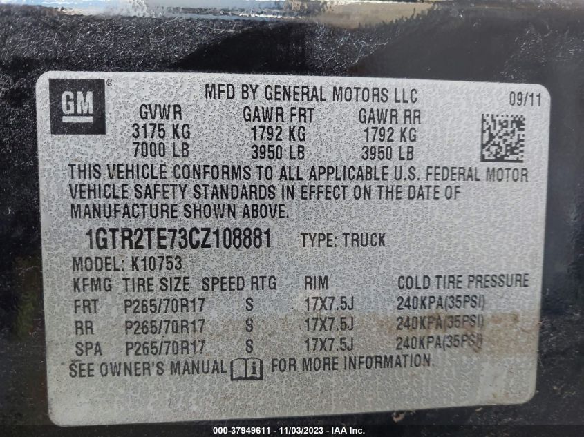 2012 GMC Sierra 1500 Work Truck VIN: 1GTR2TE73CZ108881 Lot: 37949611