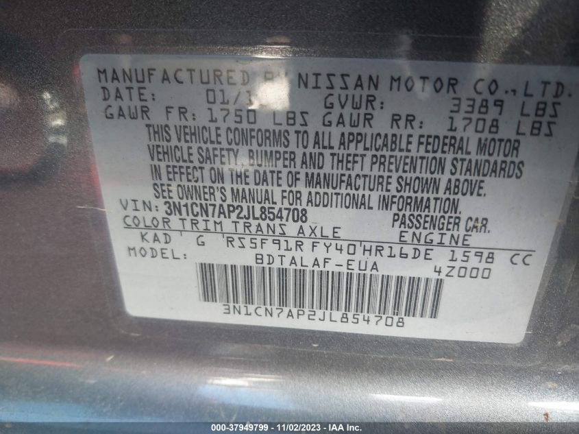 2018 Nissan Versa 1.6 S VIN: 3N1CN7AP2JL854708 Lot: 37949799