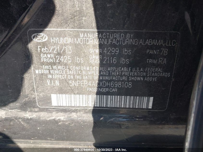 5NPEB4ACXDH698108 2013 Hyundai Sonata Gls