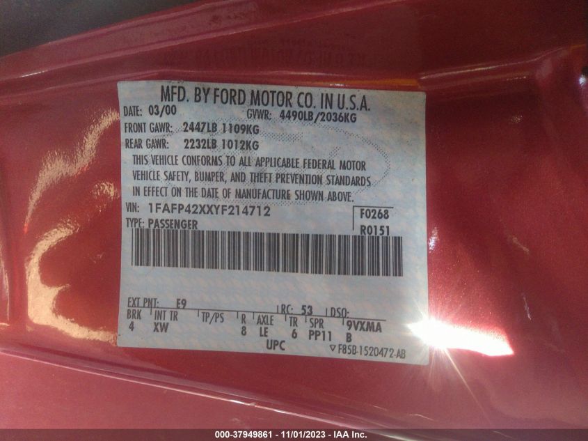 2000 Ford Mustang Gt VIN: 1FAFP42XXYF214712 Lot: 37949861