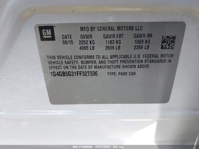 2015 Buick Lacrosse Leather VIN: 1G4GB5G31FF327336 Lot: 37949869