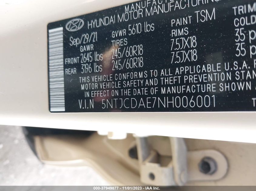 2022 Hyundai Santa Cruz Sel VIN: 5NTJCDAE7NH006001 Lot: 37949877