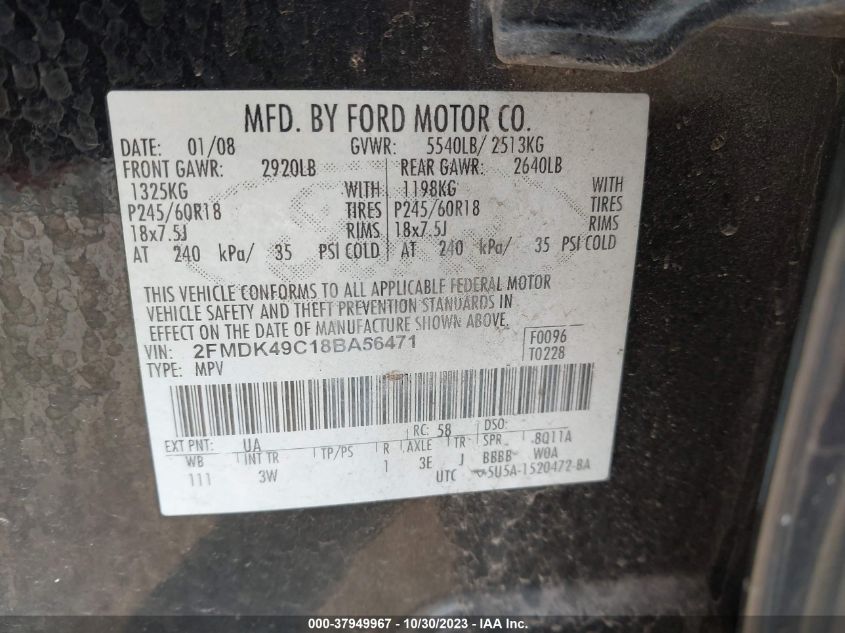 2008 Ford Edge Limited VIN: 2FMDK49C18BA56471 Lot: 37949967