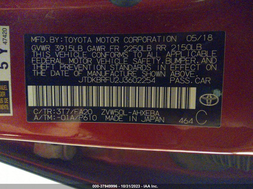 2018 Toyota Prius Two/Two Eco/Three VIN: JTDKBRFU2J3602254 Lot: 37949996