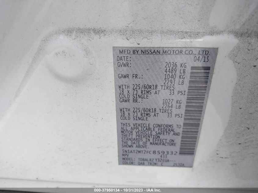 2015 Nissan Rogue Sl VIN: 5N1AT2MT2FC859332 Lot: 37950134