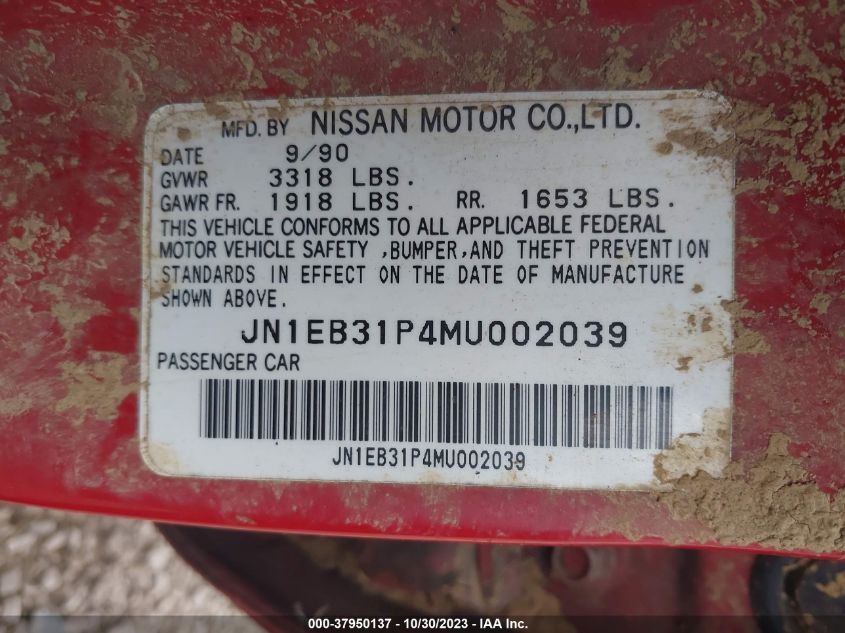 1991 Nissan Sentra VIN: JN1EB31P4MU002039 Lot: 37950137