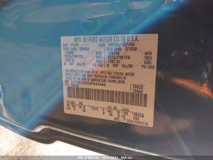 2003 Ford Ranger Edge/Tremor/Xl/Xlt VIN: 1FTZR14V53PA44466 Lot: 37950149
