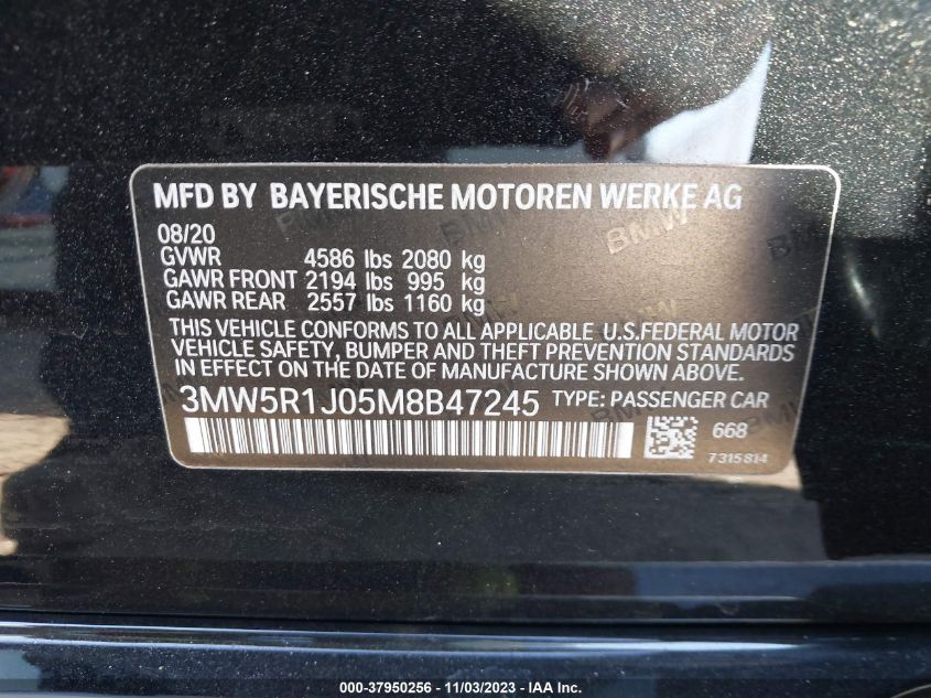 2021 BMW 3 Series 330I VIN: 3MW5R1J05M8B47245 Lot: 37950256