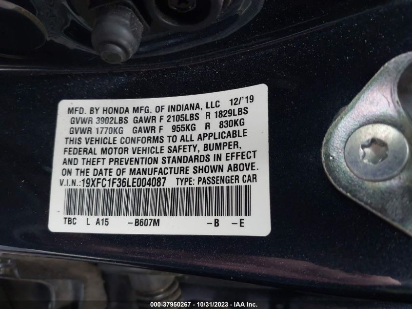 2020 Honda Civic Ex VIN: 19XFC1F36LE004087 Lot: 37950267