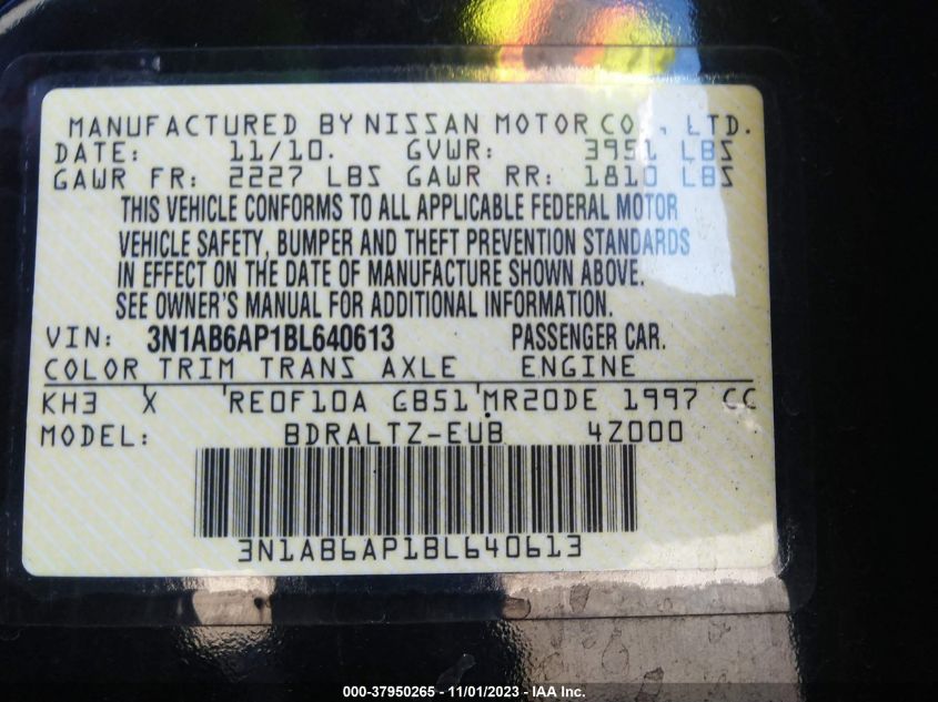 2011 Nissan Sentra 2.0Sr VIN: 3N1AB6AP1BL640613 Lot: 37950265