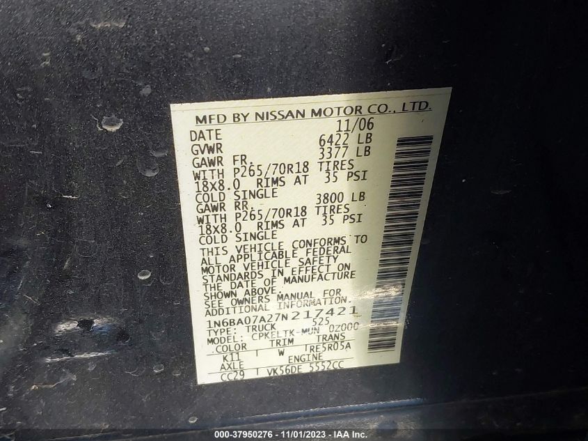 2007 Nissan Titan Se VIN: 1N6BA07A27N217421 Lot: 37950276