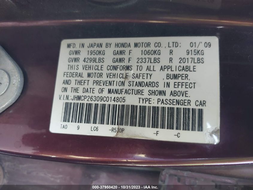 2009 Honda Accord 2.4 Lx VIN: JHMCP26309C014805 Lot: 37950420