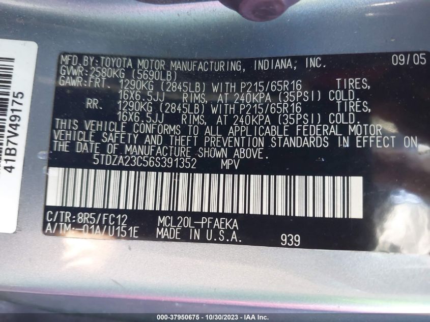 2006 Toyota Sienna Ce/Le VIN: 5TDZA23C56S391352 Lot: 37950675