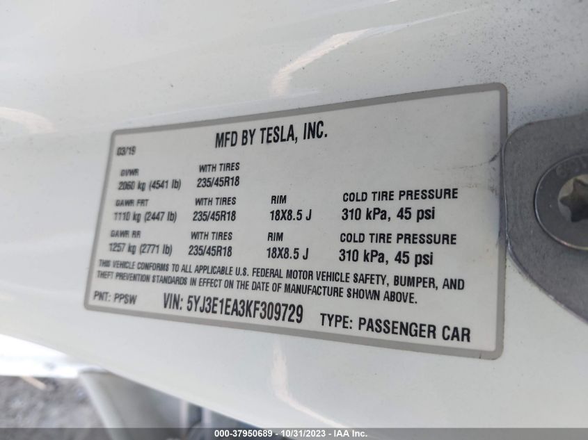 2019 Tesla Model 3 Range VIN: 5YJ3E1EA3KF309729 Lot: 37950689