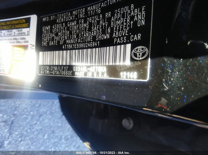 2017 Toyota Avalon Xle/Xle Plus VIN: 4T1BK1EB9HU246841 Lot: 37950766