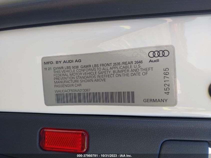 2022 Audi A5 Sportback Premium 45 Tfsi S Line VIN: WAUDACF50NA013087 Lot: 37950781