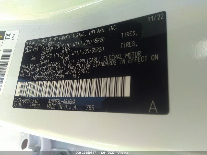 2023 Toyota Highlander Hybrid Platinum VIN: 5TDEBRCH6PS107390 Lot: 37950847