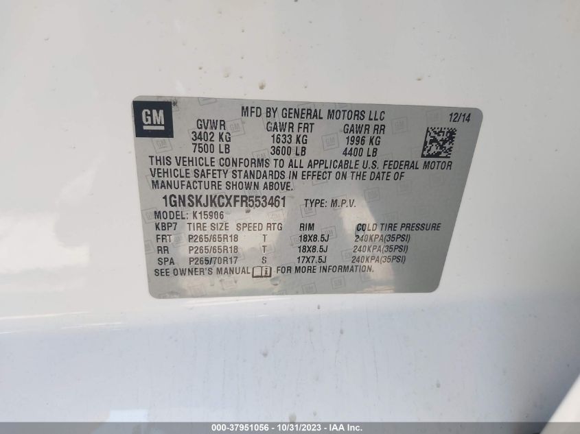 2015 Chevrolet Suburban Lt VIN: 1GNSKJKCXFR553461 Lot: 37951056