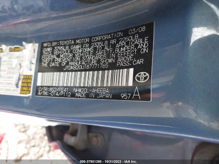 2008 Toyota Prius Base (Cvt-E) VIN: JTDKB20U187771765 Lot: 37951398