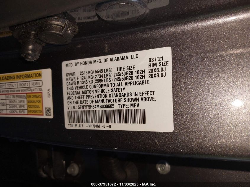 2021 Honda Pilot Touring 7-Passenger VIN: 5FNYF5H64MB030665 Lot: 37951672