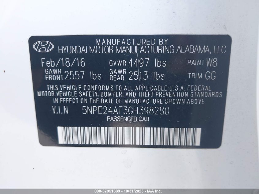 2016 Hyundai Sonata 2.4L Se VIN: 5NPE24AF3GH398280 Lot: 37951689