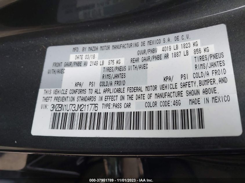 2018 Mazda Mazda3 Sport VIN: 3MZBN1U73JM211776 Lot: 37951789