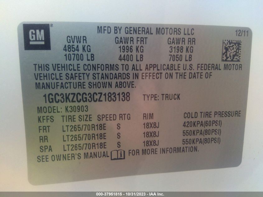 2012 Chevrolet Silverado 3500Hd Work Truck VIN: 1GC3KZCG3CZ183138 Lot: 37951815