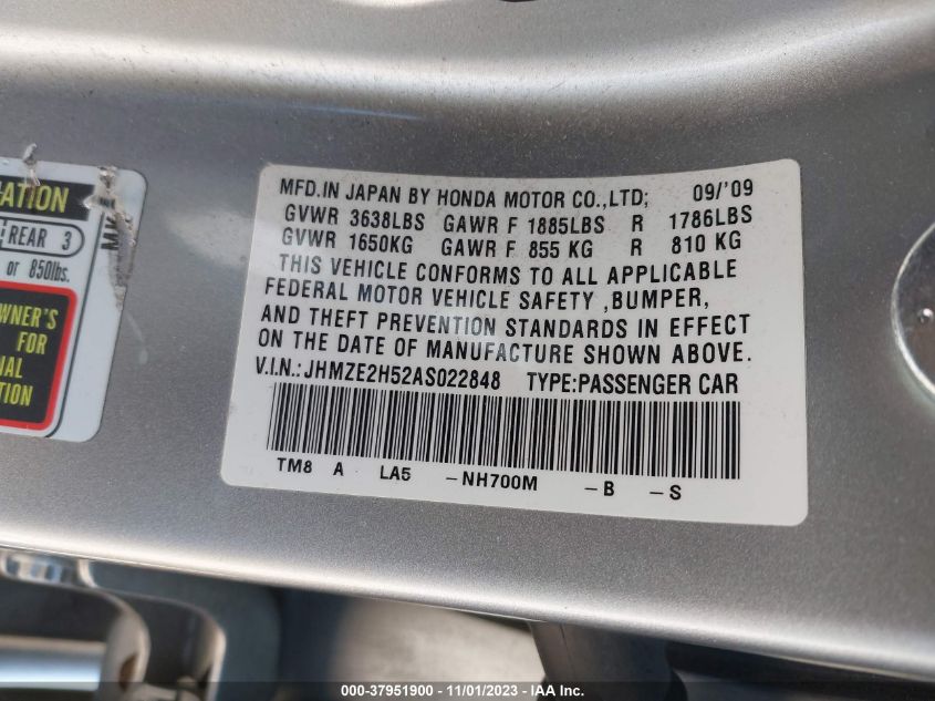 2010 Honda Insight Lx VIN: JHMZE2H52AS022848 Lot: 37951900