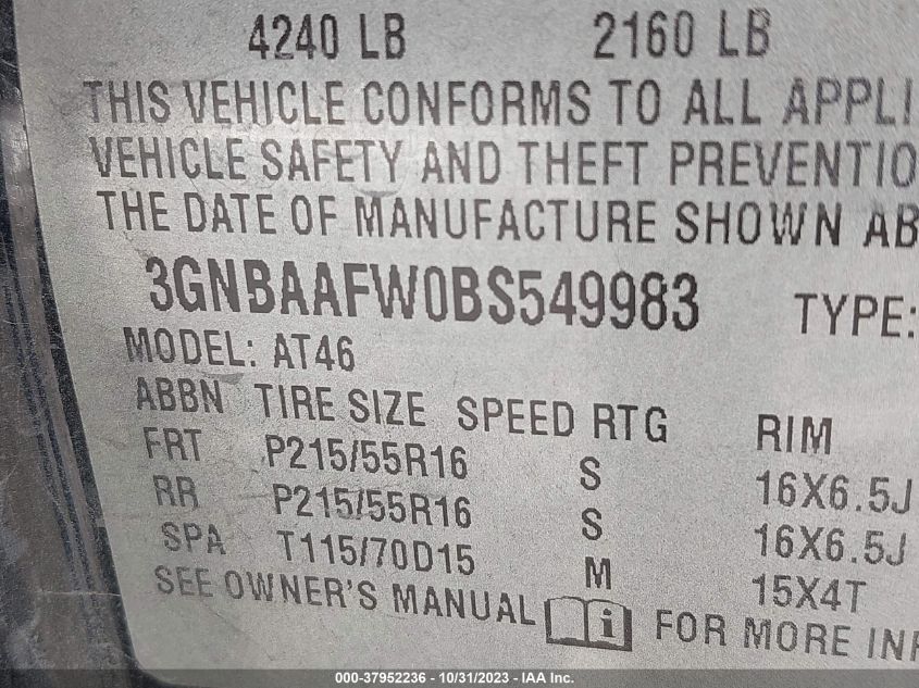 2011 Chevrolet Hhr Ls VIN: 3GNBAAFW0BS549983 Lot: 37952236