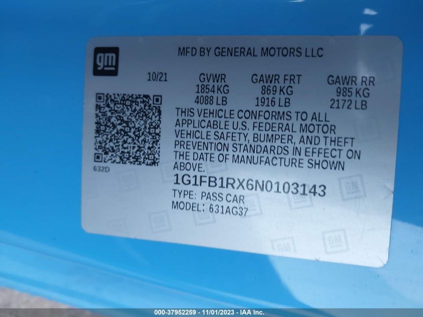 2022 Chevrolet Camaro Rwd 1Ls VIN: 1G1FB1RX6N0103143 Lot: 37952259