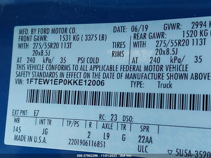 2019 Ford F-150 Xl VIN: 1FTEW1EP0KKE12006 Lot: 37952296