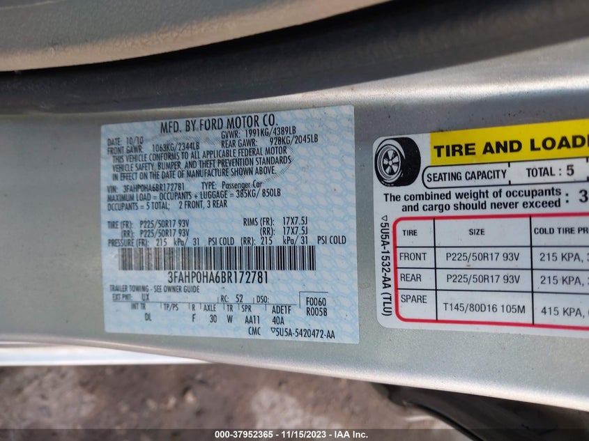 2011 Ford Fusion Se VIN: 3FAHP0HA6BR172781 Lot: 37952365