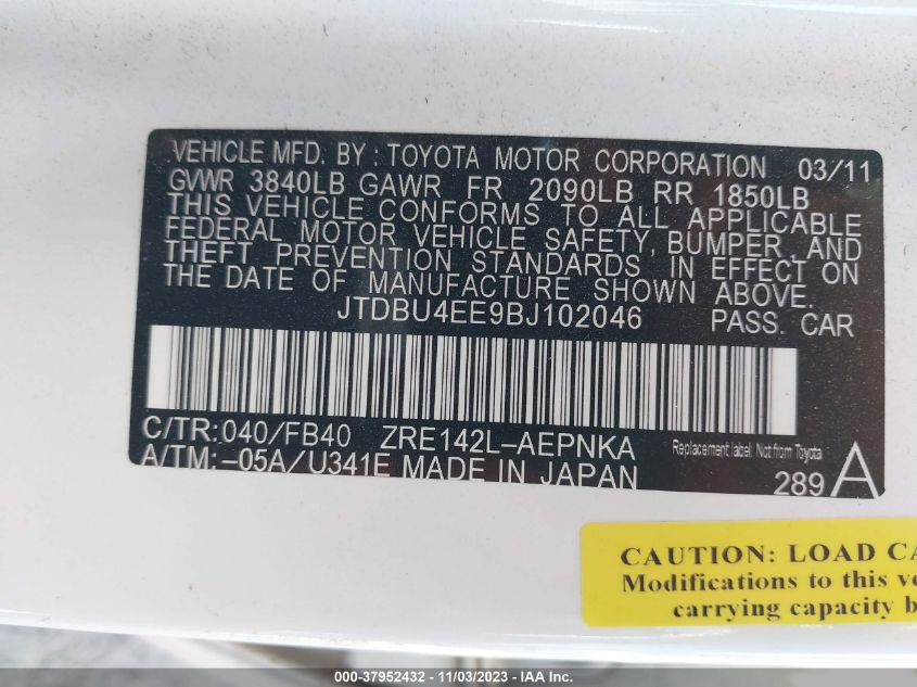 2011 Toyota Corolla Le VIN: JTDBU4EE9BJ102046 Lot: 37952432