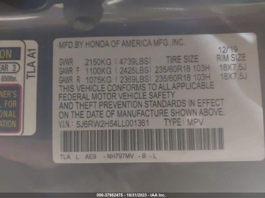 2020 Honda Cr-V Ex VIN: 5J6RW2H54LL001361 Lot: 37952475