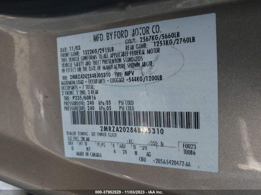 2004 Mercury Monterey Convenience/Luxury VIN: 2MRZA20284BJ05310 Lot: 37952529