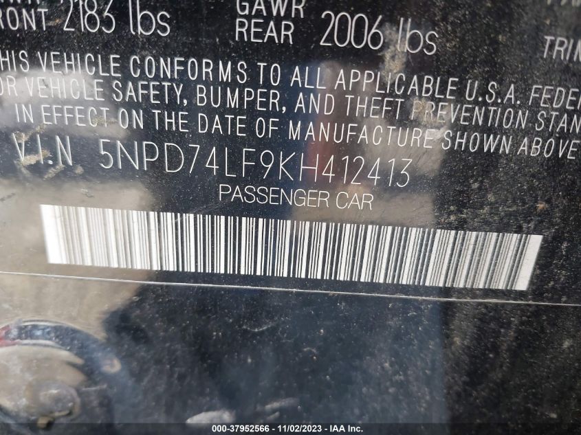 2019 Hyundai Elantra Se VIN: 5NPD74LF9KH412413 Lot: 37952566