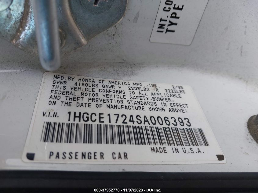 1995 Honda Accord Lx VIN: 1HGCE1724SA006393 Lot: 37952770