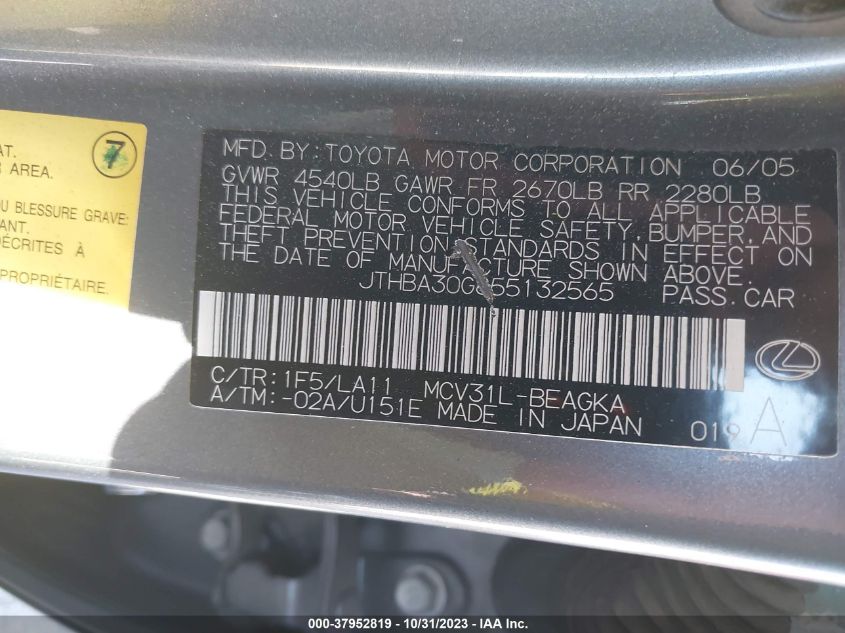 2005 Lexus Es 330 VIN: JTHBA30G855132565 Lot: 37952819