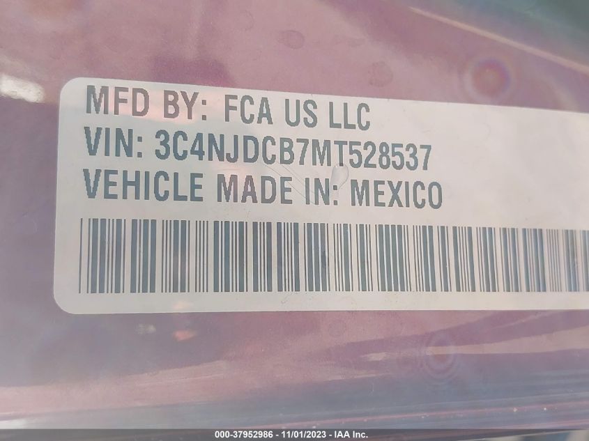 2021 Jeep Compass Limited 4X4 VIN: 3C4NJDCB7MT528537 Lot: 37952986