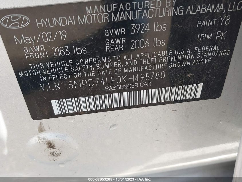 2019 Hyundai Elantra Se VIN: 5NPD74LF0KH495780 Lot: 37953205