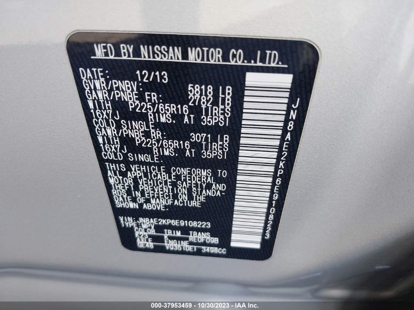 2014 Nissan Quest Sv VIN: JN8AE2KP6E9108223 Lot: 37953459