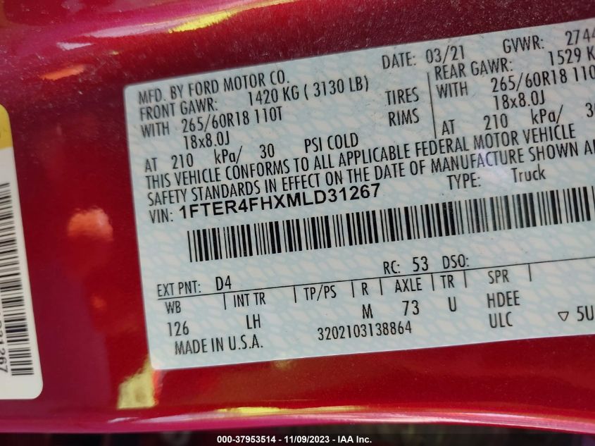 2021 Ford Ranger Xl VIN: 1FTER4FHXMLD31267 Lot: 37953514