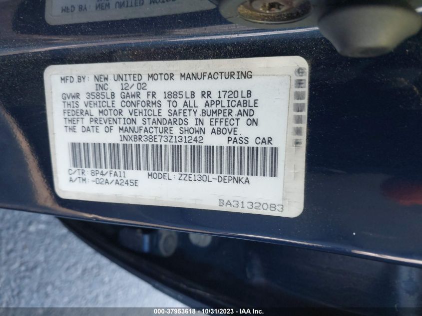 2003 Toyota Corolla Le VIN: 1NXBR38E73Z131242 Lot: 37953618