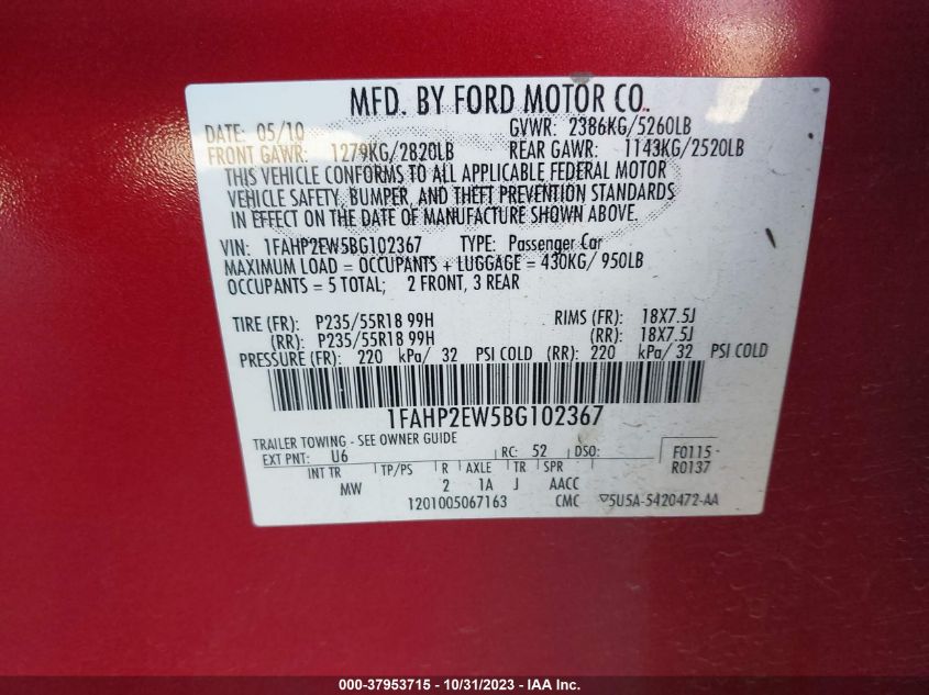 2011 Ford Taurus Sel VIN: 1FAHP2EW5BG102367 Lot: 37953715