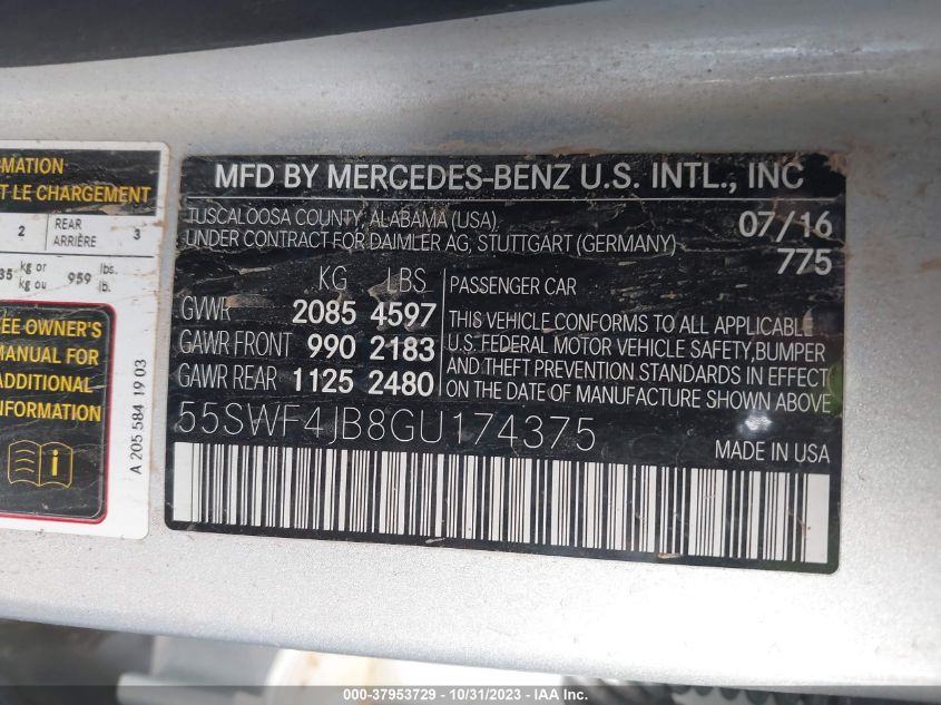 2016 Mercedes-Benz C 300 Sport/Luxury/ VIN: 55SWF4JB8GU174375 Lot: 37953729